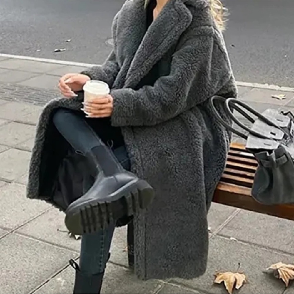 NEW! Grey Sherpa Plush Teddy Oversized Long Faux Fur Coat